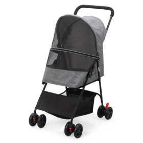 Foldable Pet Stroller Small Dog Gray and Black with Storage Basket