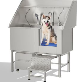 50” Stainless Steel Dog Washing Station with Ramp and Storage