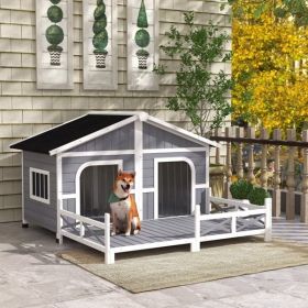 Dog House Outdoor Cabin Style with Porch in Gray and White for Small to Medium Dogs