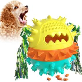 Dog Toy Treat Ball Squeaky Interactive Chew Toy with Rope and Food Dispenser (Color: Yellow & Blue, Type: Pet Toys)